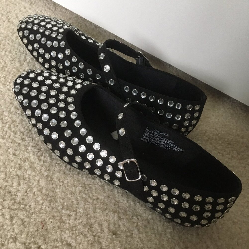 Rhinestone Studded Black Suede Mary Janes - size 8